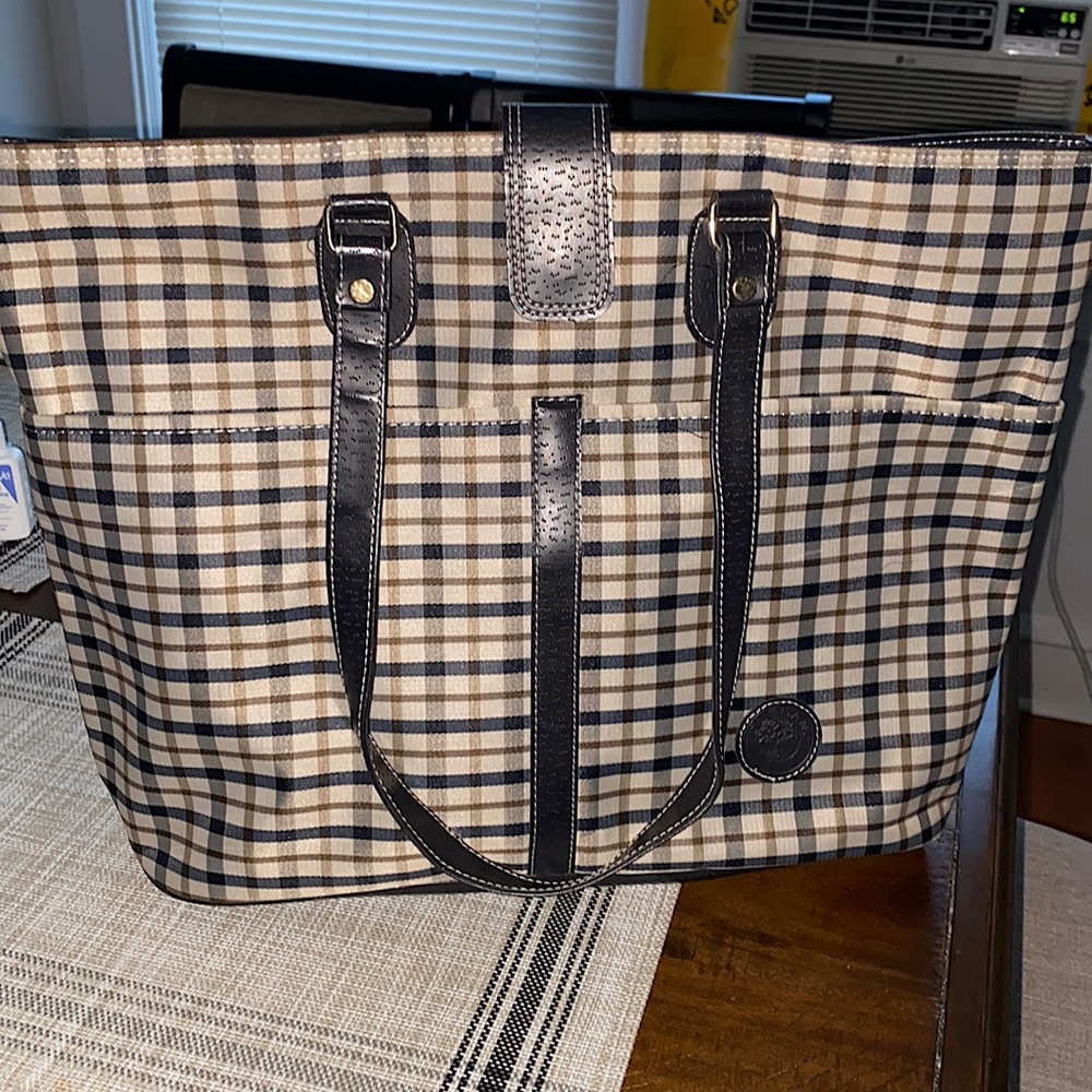 Blue and Beige Plaid Tote Bag with buckle and zipper